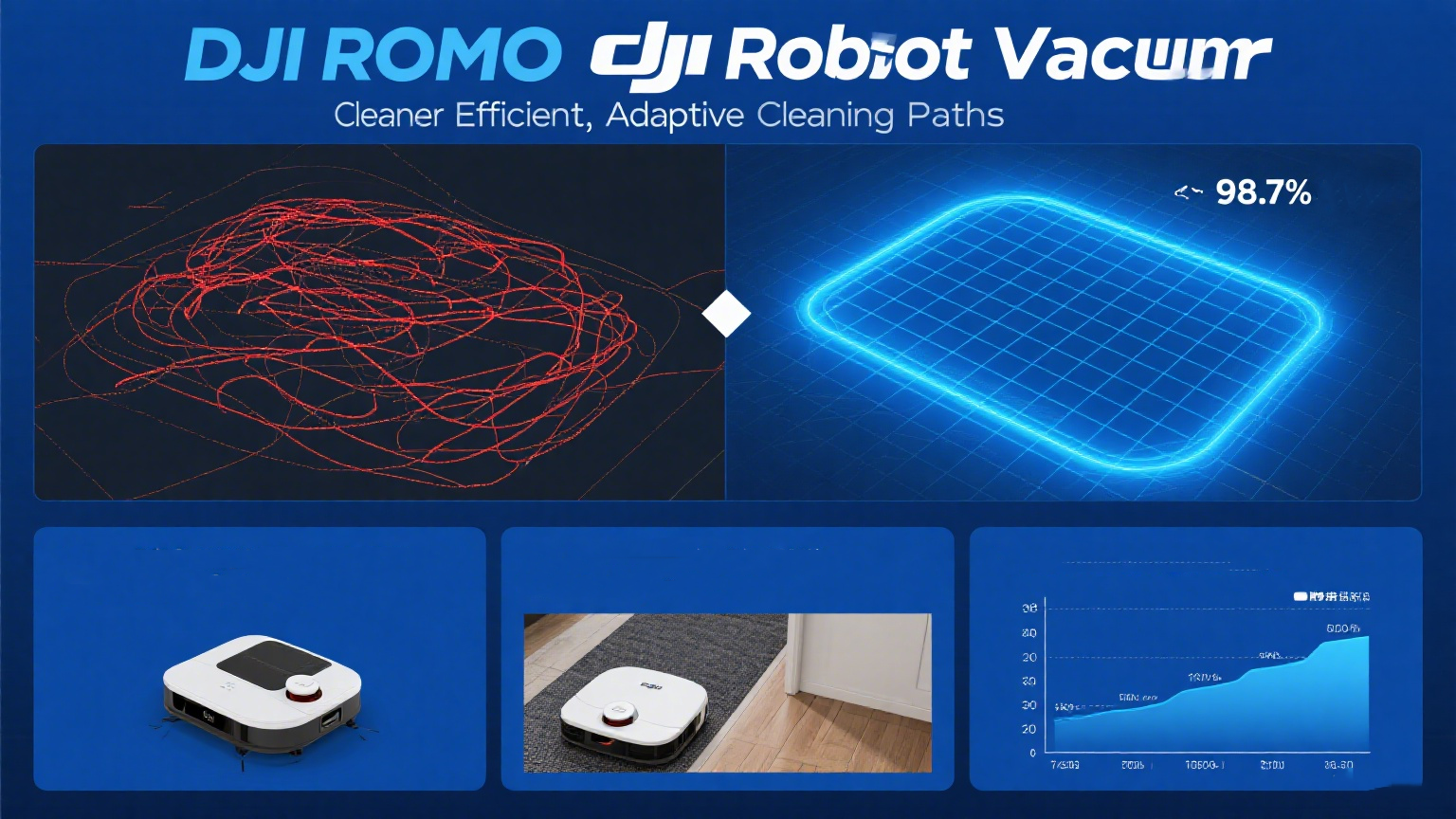 Aspirador de p&oacute; rob&ocirc; DJI ROMO Caminhos de limpeza adaptativos e eficientes